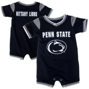 navy infant romper with Penn State and Athletic Logo on front, Nittany Lions on back